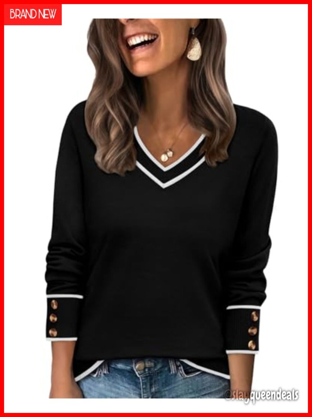 Womens Lightweight Long Sleeve V-Neck Sweater Pullover with Button Cuffs